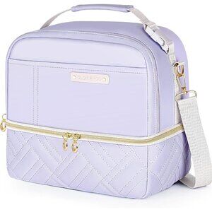 Large Insulated Lunch Bag for Women, Stylish Vegan Leather 2-Tier Tote Cooler